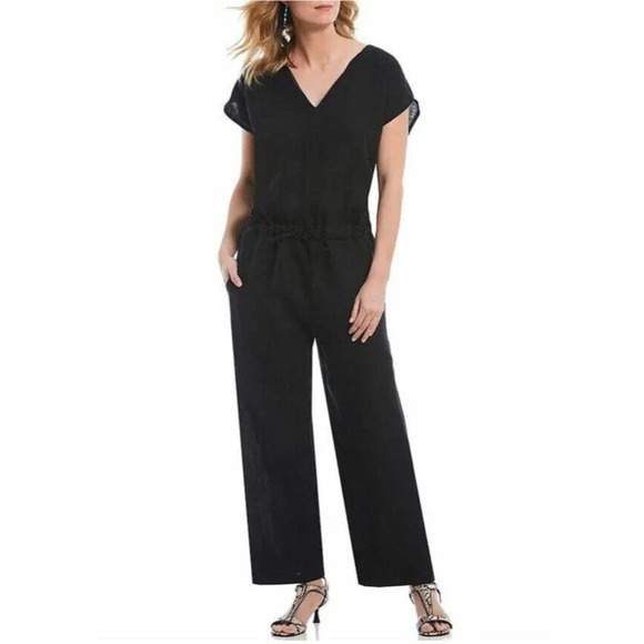 Bryn Walker 100% LINEN JUMPSUIT Size Large Cinched Waist Short Sleeve Black‎ - Picture 1 of 8